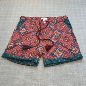 Sundance India Print Shorts‎ Medium Boho Red Orange Festival Tassel Linen Blend